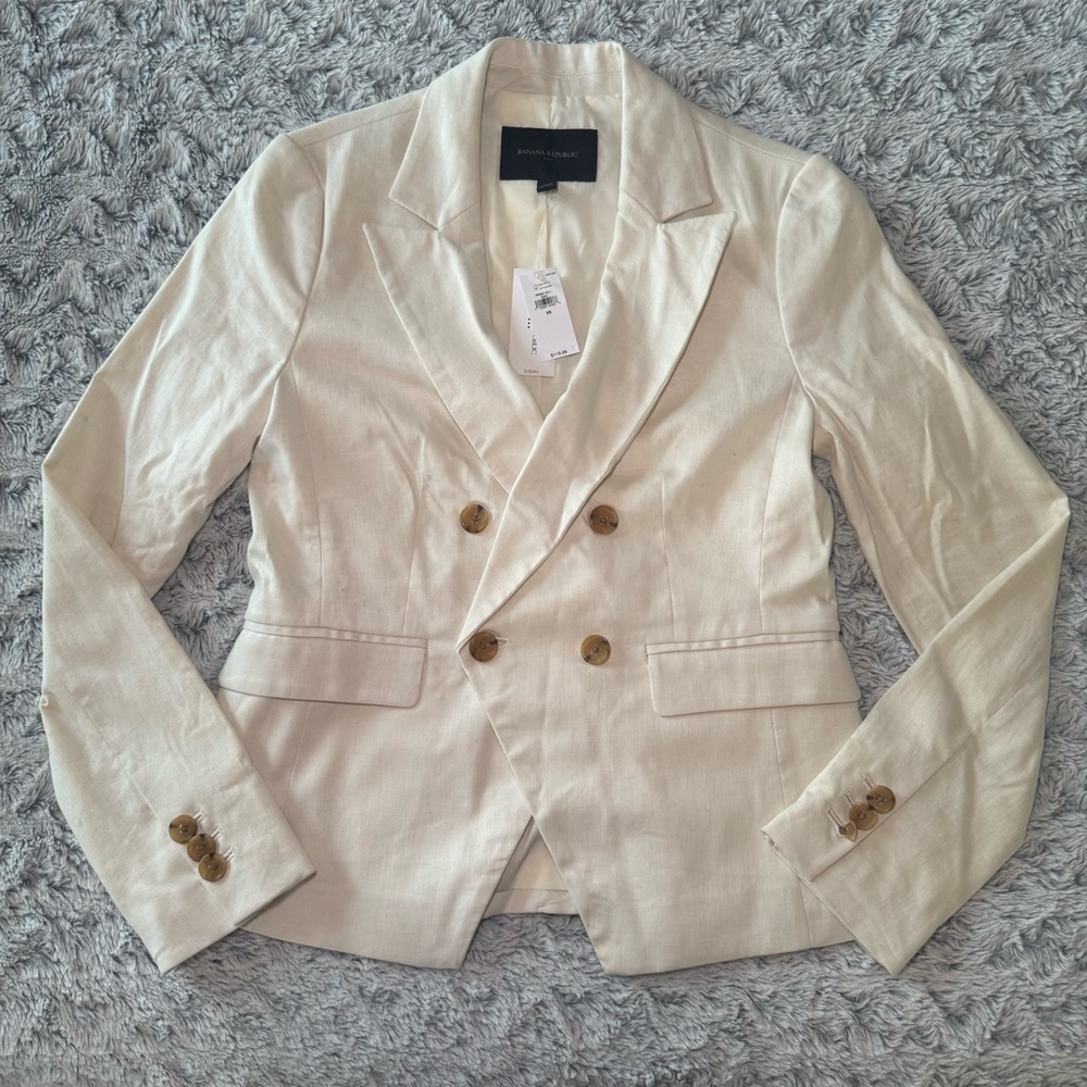 Banana Republic Cream Double-Breasted Linen Blend Blazer